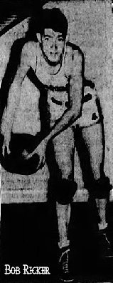 Posed picture of boys basketball picture of Bob Ricker, Diagonal High School, Iowa, with basketball in both hands, slightly stooped over. From The Des Moines Register, Feb. 25, 1950