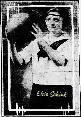 Image of Pennsylvania girls basketball player, Elsie Schink, Slippery Rock State Normal School, in uniform shooting a set shot to the left. From The Pittsburgh Press, Pittsburgh, Pennsylvania, February 1, 1920.