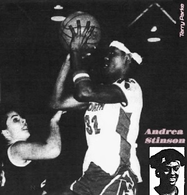 Photos by Terry PArke, of North Carolina girls basketball player, Andrea Stinson of North Mecklenburg high school Vikings basketball team. From Parade Magazine, March 29, 1987. In #32 white uniform, she is shooting a jumper to our left, her portrait picture on lower right.