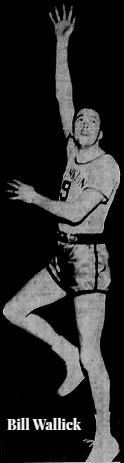 Image of basketball player, Bill Wallick, shooting a hook shot in a #9 uniform for the Franklin Athletic Club Jets of the Bristol Basketball League. From The Bristol Daily Courier, Bristol, Pennsylvania, February 18, 1954.