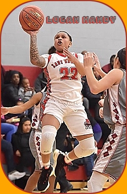 Pennsylvania girls basketball player, Logan Handy, Chester Charter School for the Arts, in air, going for shot, in red on white Lady Sabers uniform #22.