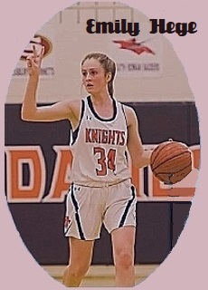 Image of girls basketball player, Emily Hege, North Davidson High School (North Carolina), 2020, in white uniform, red lettering reading KNIGHTS and #34, signaling play number 2, with basketball, in game.