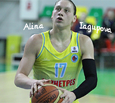 Image of Alina Iagupova shooting a foul shot in a yellow Okzhetpes uniform, (#17 in blue).