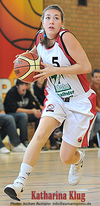 Photo (cropped) of Katharina Klug from March 16, 2010 game in which she scored 49 points in a 115-49 victory for TSV Nrdlingen over TuS Bath Aibling, in a Bezirksliga Ober Bayern U15 game (Upper Bavaria District League Under-15). Photo by Jochen Aumann, used by permission. Johannes-Mueller-Strae 19, 86720 Noerdlingen