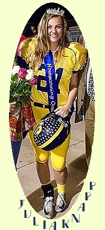 Julia Knapp, 2017 South Iredell (North Carolina) High's placekicker and Homecoming Queen. In yellow uniform, #21, with sash and tiara.