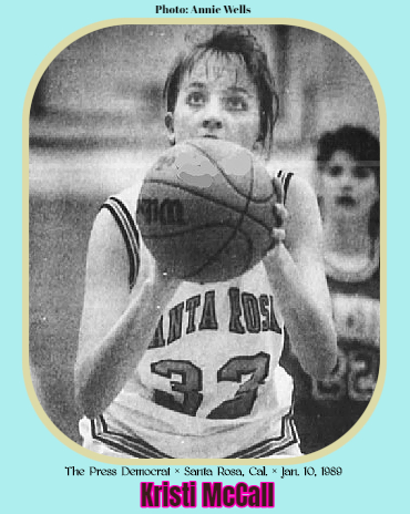Photo of California girls basketball player, Kristi McCall, Santa Rosa High School, shooting a foul shot in white uniform number 32. From The Press Democrat, Santa Rosa, California, January 10, 1989. Photo: Annie Wels.