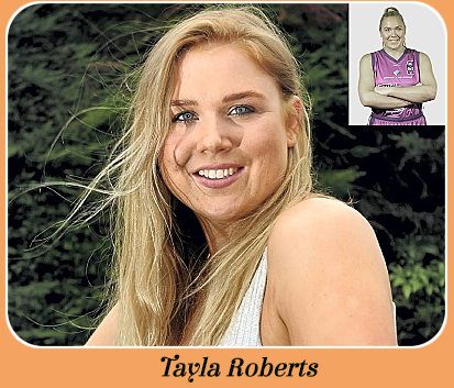 Images of Australian women's basketballl player, Tayla Roberts, both in pink Hobart Huskies uniform (2019) and a portrait from 2017.