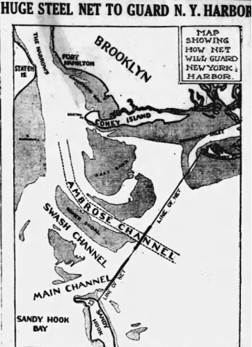 Map showing the cable laying of the USS Amphitrite, between Rockaway Point and Sandy Hook. From The Hutchinson Gazette, Hutchinson, Kansas, 2/17/1917.