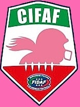CIFAF logo, silhouette in pink of pony tail flying behind a football helmeted woman on white, green white and red stripe in shield.