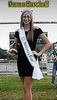 Image of girl football placekicker, Emma Marshall, of Fairland High School (Ohio), Homecoming Queen, with football, sash and crown, in black dress.