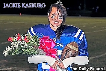 Image of Jackie Kasburg, as homecoming queen of Chippewa High School (Ohio), in uniform,  with crown, flowers and football.From The Daily Record.