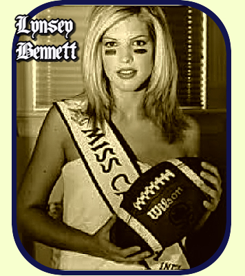 Image of Lynsey Bennett, Niss Canada 2002 and placekicker on the GlebeCollegiate Institute's footbal team, shown with Miss Canada sash and holding a football.