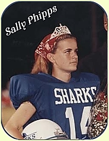 Image of Sally Phipps, Spanish River High School football player, number 14, in SHARKS uniform, after receiving crown for homecomeing queenm 1993..