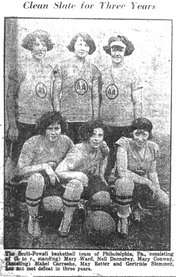 Clean Slate for Three Years. Team photo of: The Scott-Powell basketball team of Philadelphia, Pa., consisting of (l. to r., standing) Mary Ward, Nell Dennehey, Mary Conway,, (kneeling) Mabel Carrasha, May Retter and Gertrude Slemmer, has not met defeat (71 straight) in three years. From The (Nassau) Daily Review, March 9, 1925.